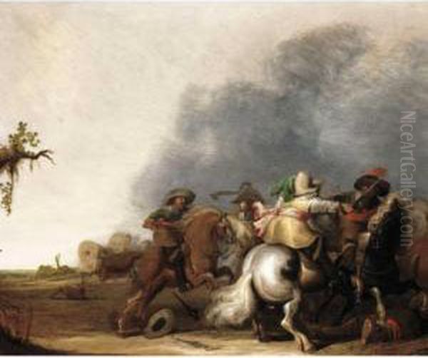 A Cavalry Skirmish Oil Painting by Isaak Van Der Meulen