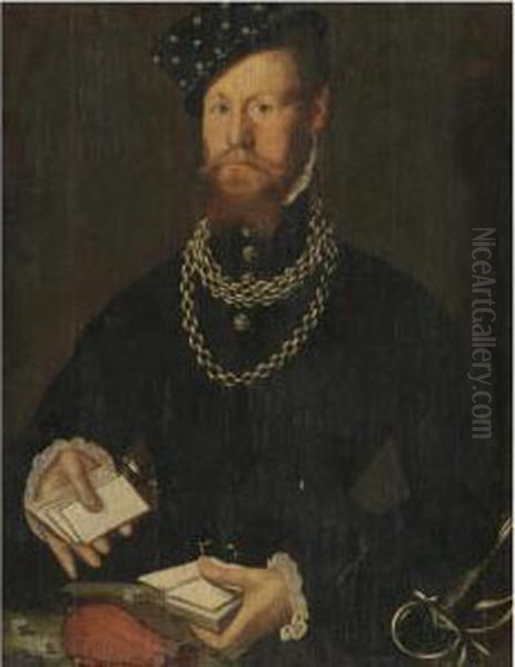 Portrait Of A Gentleman, Half Length, Wearing Black And Holding A Pack Of Cards Oil Painting by Steven van der Meulen