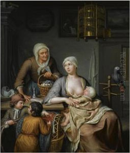 A Mother Nursing A Child In An Interior, Together With Two Young Boys Taking Cherries And An Elderly Woman Bringing A Basket With Eggs Oil Painting by Hieronymus Van Der My