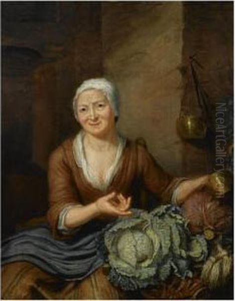 A Woman In A Barn Interior With Cabbages And Carrots Oil Painting by Hieronymus Van Der My