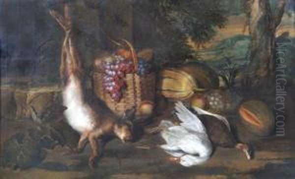 A Still Life Of A Dead Hare Hanging From A Branch Oil Painting by Agatha Van Der Myn