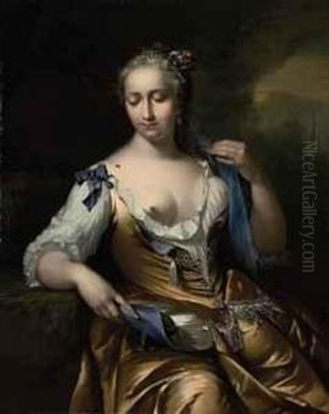 A Lady In A Landscape With A Fly On Her Shoulder: An Allegory Oftouch Oil Painting by Frans Van Der Mijn