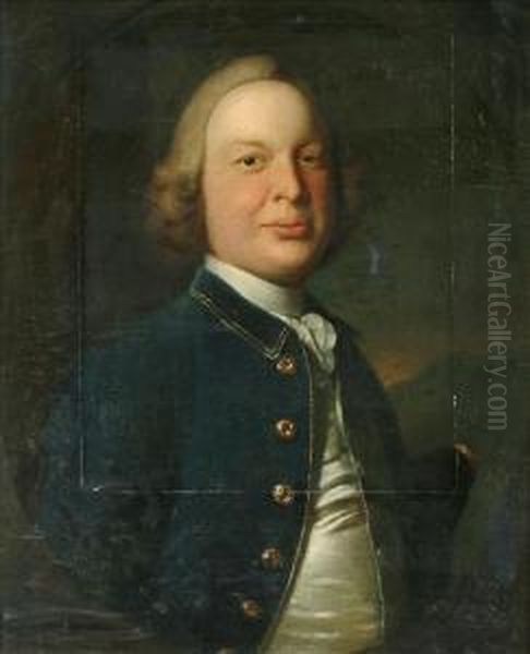 Portrait Of Agentleman Head And Shoulders Wearing A Blue Coat Oil Painting by Frans Van Der Mijn