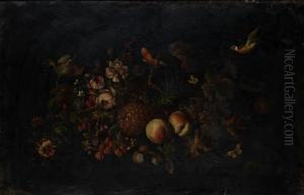 A Pineapple, Peaches And Grapes With A Basket Of Flowers With Butterflies And Birds Oil Painting by Heroman Van Der Mijn