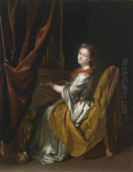 Portrait Of Barbara Janssen At The Organ Oil Painting by Heroman Van Der Mijn