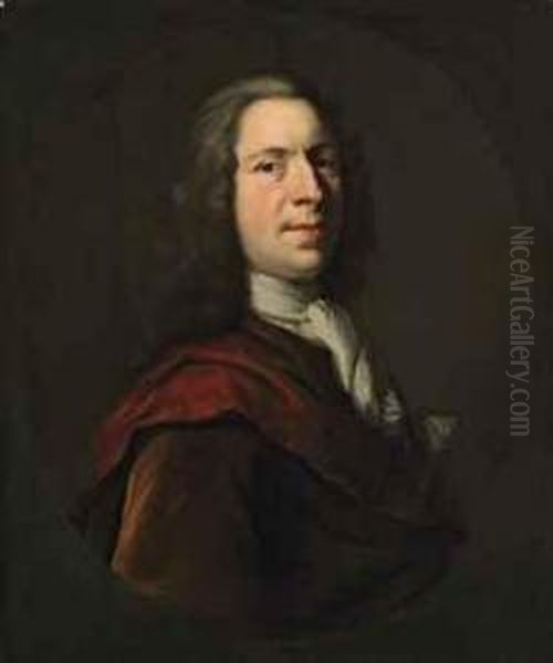 Portrait Of The Artist, Bust-length, In White Stock And A Red Coat, In A Feigned Oval Oil Painting by Heroman Van Der Mijn