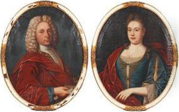 Portrait Of A Lady, And A Companion Portraitof A Gentleman A Pair Oil Painting by Heroman Van Der Mijn