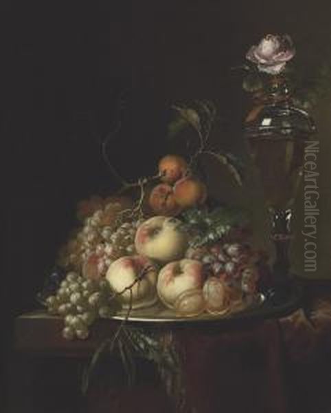 Grapes, Peaches, Plums, Apricots And A Rose In A Glass Vase On Adraped Table Oil Painting by Heroman Van Der Mijn