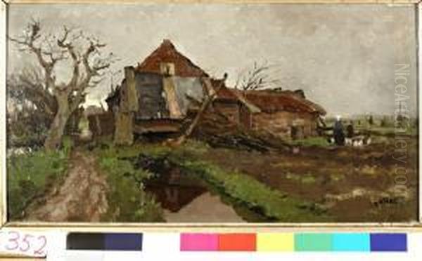 Kippen Voerende Vrouw Bij Boerderij Oil Painting by Willem Van Der Nat