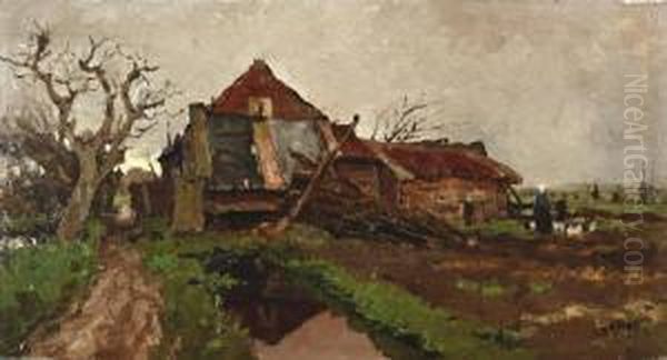 Kippen Voerende Vrouw Bij Boerderij Oil Painting by Willem Van Der Nat