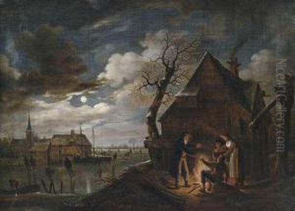 Dutch Canal Landscape At Moonlight With Skaters And A Bonfire Oil Painting by Aart Van Der Neer