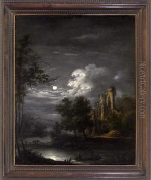 Bewaldete Flusslandschaft Im Vollmondlicht Mit Drei Fischern Im Boot Und Einem Hirten Mit Einigen Tieren Bei Einer Ruine Oil Painting by Aart Van Der Neer