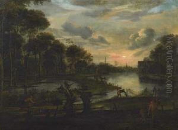 River Landscape In The Evening. Oil Painting by Aart Van Der Neer