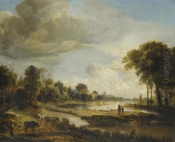 A River Landscape With Figures And Cattle Oil Painting by Aert van der Neer