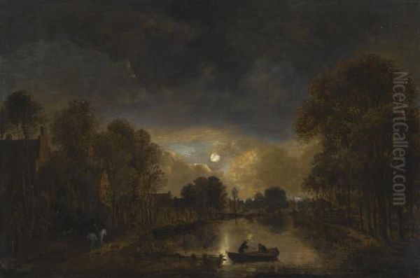 A Moonlit River Scene With Two Men In A Rowing Boat Beisde A Village Oil Painting by Aert van der Neer