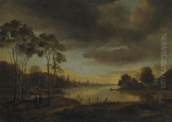 A River Landscape Oil Painting by Aert van der Neer