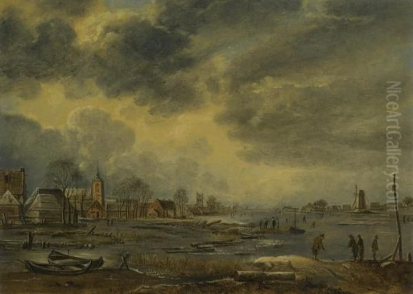 A Winter Landscape With Figures Playing Kolf On A Frozen River, A Village To The Left Oil Painting by Aert van der Neer