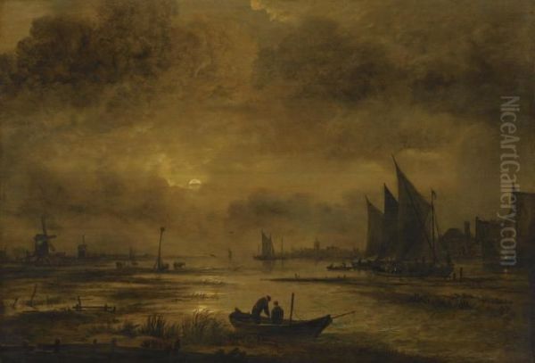 A Moonlit Fluvial Landscape With Figures In A Boat In The Foregraound, Windmills And A Village Beyond Oil Painting by Aert van der Neer