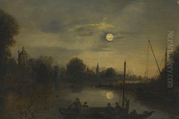 A Moonlit River Landscape With Figures In A Boat In The Foreground, A Village Beyond Oil Painting by Aert van der Neer