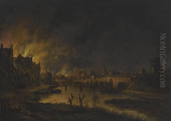 A Landscape With Houses Set Ablaze Oil Painting by Aert van der Neer