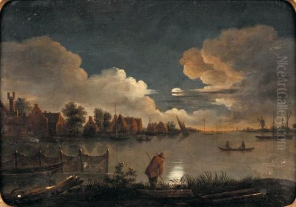 Village Fluvial Au Clair De Lune Oil Painting by Aert van der Neer