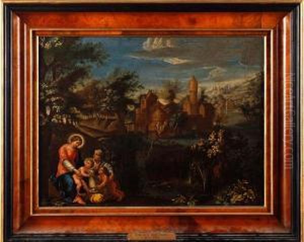 Mary And Christ With Elizabeth And St John Thebaptist Before A Castellated House In A Pastoral Landscape Oil Painting by Eglon Hendrick Van Der Neer