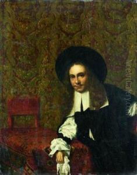 Portrait De Gentilhomme Accoude A Une Table Recouverte D'untapis Oil Painting by Eglon Hendrick Van Der Neer