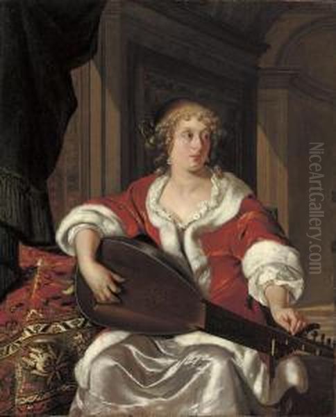 A Lady Tuning A 'luth Theorbe' Oil Painting by Eglon Hendrick Van Der Neer