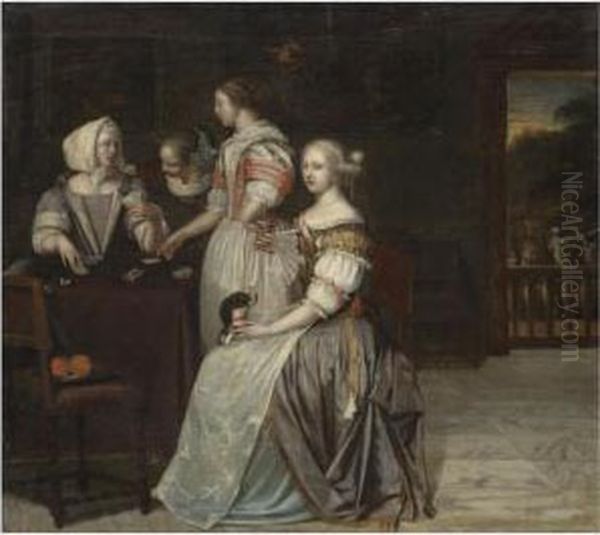 An Interior With A Company Of Elegant Ladies Playing Cards, A Balustrade With A Landscape Beyond Oil Painting by Eglon Hendrick Van Der Neer