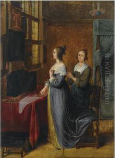 An Elegant Lady And Her Maid Standing In Front Of A Dressing Table In An Interior Oil Painting by Eglon Hendrick Van Der Neer