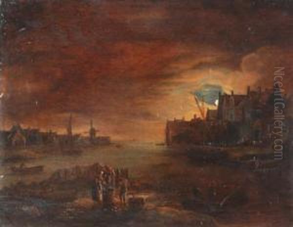 Moonlit Scene Of Dutch Harbour Oil Painting by Johannes Van Der Neer