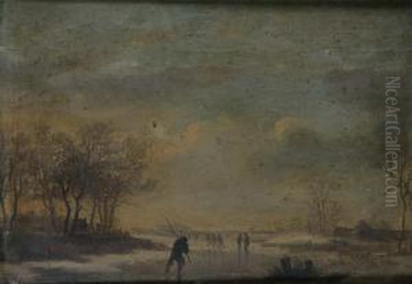 Figures Skating On A Frozen Lake; Travellers And Shepherd With Flock In A Pastoral Landscape Oil On Panel, A Pair, 21 X 29cm Each Oil Painting by Johannes Van Der Neer