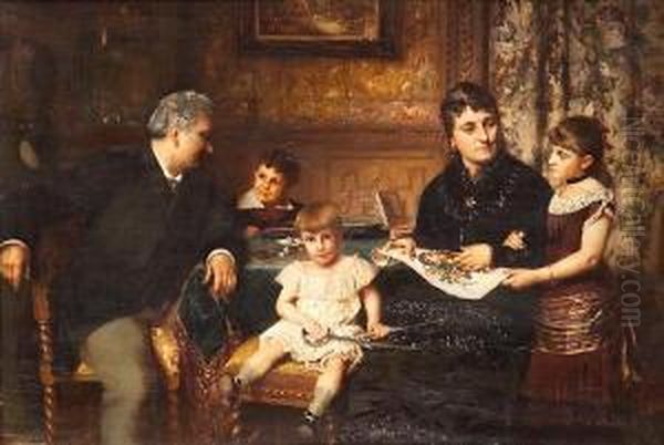 A Portrait Of A Family Gathered Around Atable Oil Painting by Pierre Jan van der Ouderra