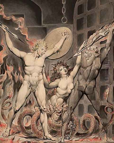 Satan, Sin, and Death- Satan Comes to the Gates of Hell Oil Painting by William Blake