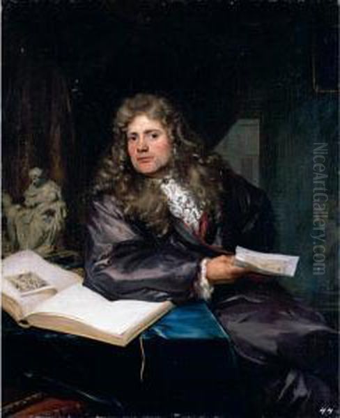 Portrait Of A Collector In His Study, Seated At A Table, Holding A Drawing And Surrounded By Sculptures And A Drawing Folio Oil Painting by David van der Plaes