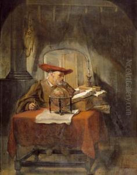 Scholar In His Study. Oil Painting by Karel van der Pluym