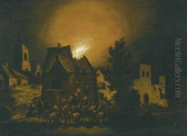 Peasants Putting Out A Village Fire At Night Oil Painting by Adriaen Lievensz van der Poel