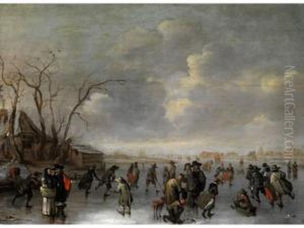 Winterlandschaft Mit Schlittschuhlaufernund Eisschlitten Auf Gefrorenem Fluss Oil Painting by Adriaen Lievensz van der Poel