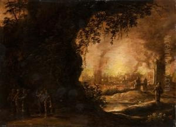 Veduta Notturna Di Citta Fortificata In Fiamme Oil Painting by Adriaen Lievensz van der Poel