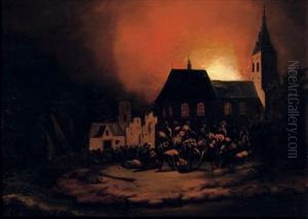 A Burning Village At Night Oil Painting by Adriaen Lievensz van der Poel