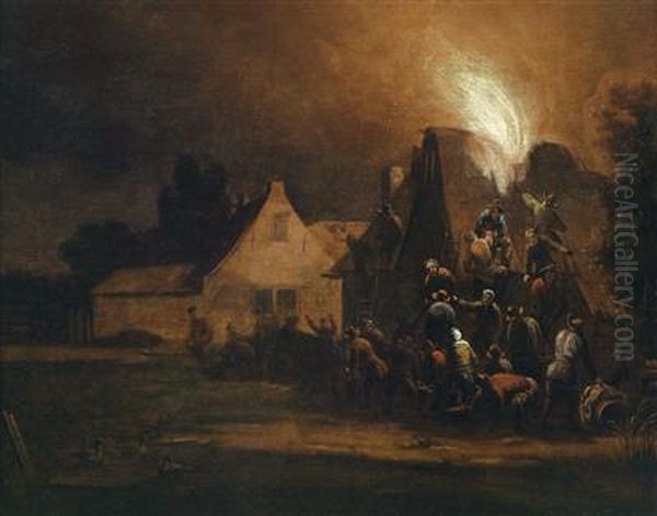 A House On Fire In A City By Night Oil Painting by Egbert van der Poel