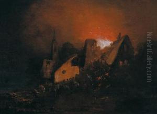 Incendio Notturno In Un Villaggio Oil Painting by Egbert van der Poel