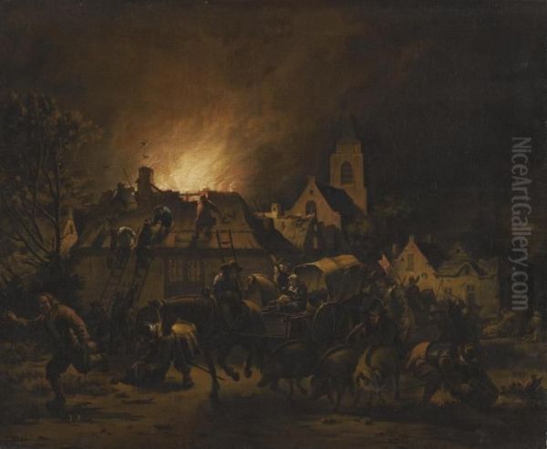 A Night Scene With A Fire In A Village Oil Painting by Egbert van der Poel