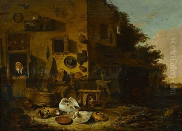 A Kitchen Maid At The Doorway Of A Farmhouse With Ducks And Geese In The Foreground Oil Painting by Egbert van der Poel