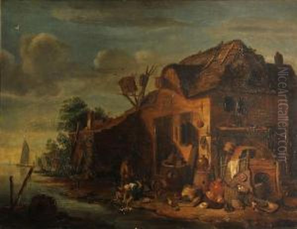 Two Figures Before A Farmhouse Oil Painting by Egbert van der Poel