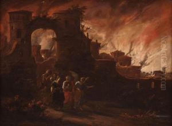 Lot Und Seine Tochter Fliehen Aus Dem Brennenden Sodom Oil Painting by Egbert van der Poel