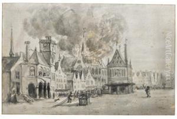 The Fire In The Nieuwe Kerk, Amsterdam Oil Painting by Egbert van der Poel