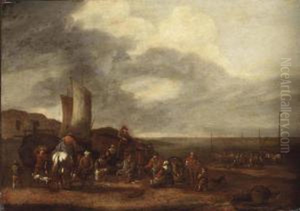 A Beach View With Fishermen Unloading Their Catch Oil Painting by Egbert van der Poel