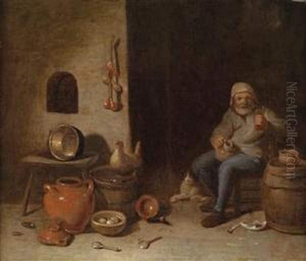 A Peasant Interior With A Man Drinking Oil Painting by Egbert van der Poel