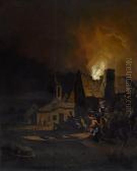 Villagers Before A Burning Cottage Oil Painting by Egbert van der Poel